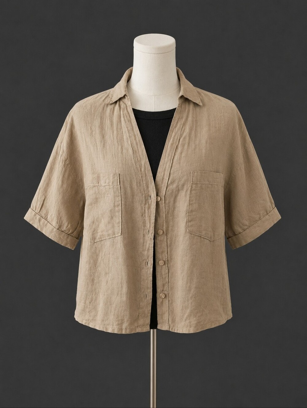 Women's Beige Linen Short-Sleeve Button-Down Shirt
